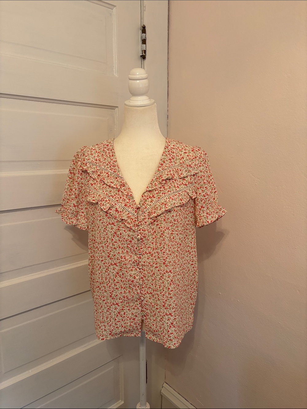 Berthie Cream Blouse with Red Floral Print and Ruffle V-Neck